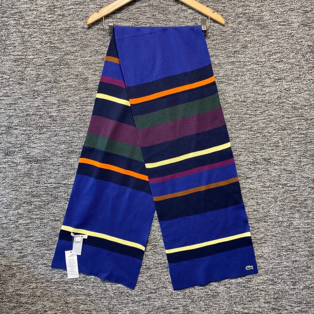 Lacoste NWT Cotton Wool Blend Striped Knit Scarf Blue Multicolor One Size